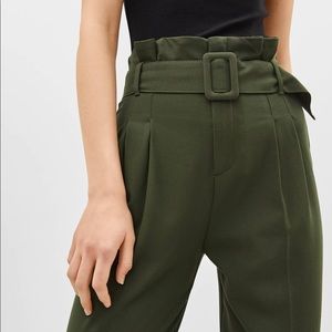 Bershka Khaki Green Paperbag Belted Pants